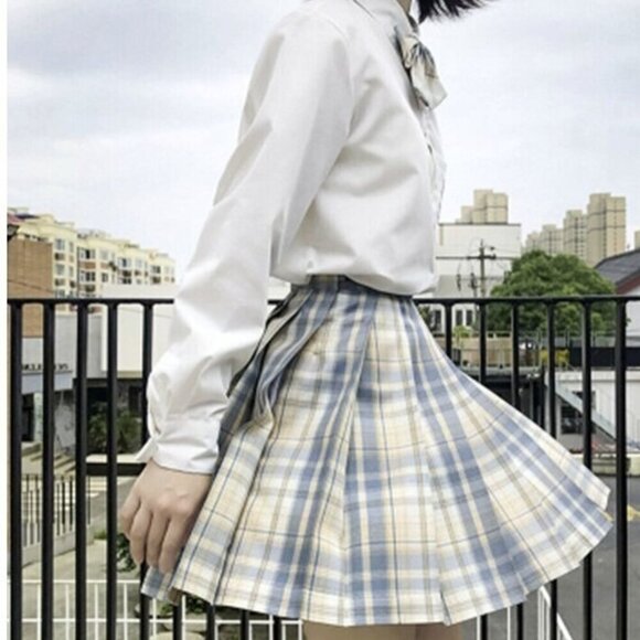 💎Hoshino Pleated Plaid Blue And Cream Tartan Mini Skirt - Picture 1 of 8